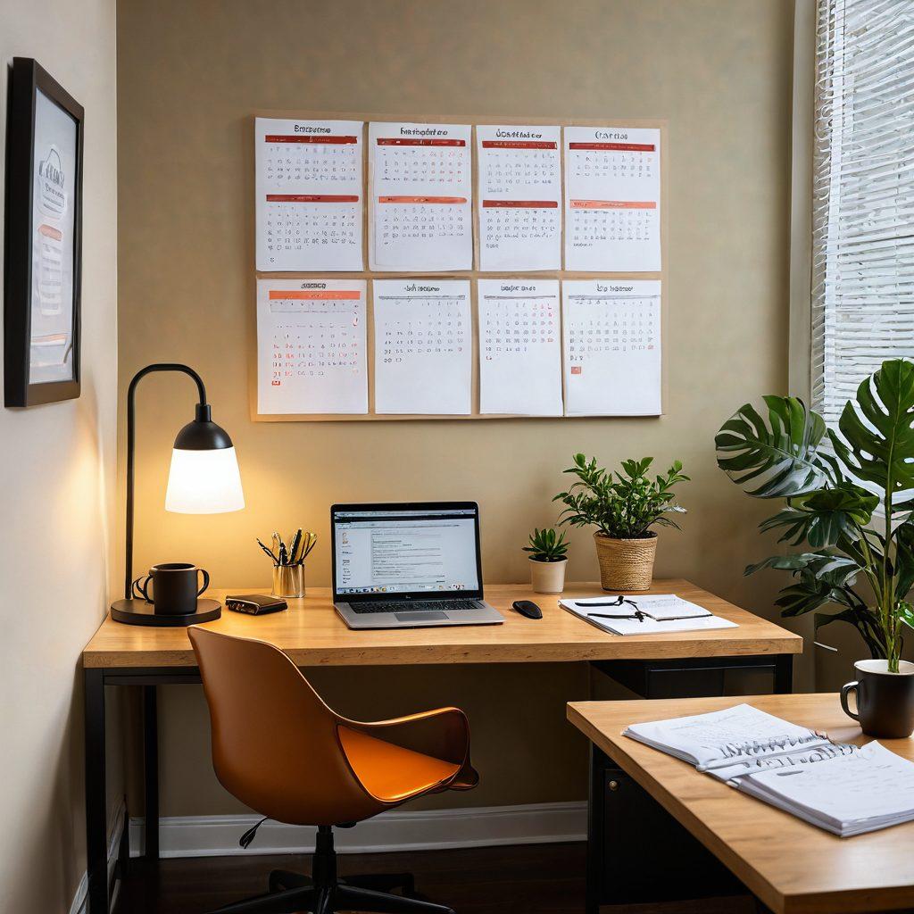 A professional and serene office environment showcasing a person thoughtfully researching job-protected leave policies. Elements such as a laptop open with relevant documents, a calendar marked with important dates, and a cup of coffee to signify focus and determination. Include an inspirational quote subtly placed on the wall about rights and work-life balance. Warm lighting to create a comforting atmosphere. super-realistic. vibrant colors.