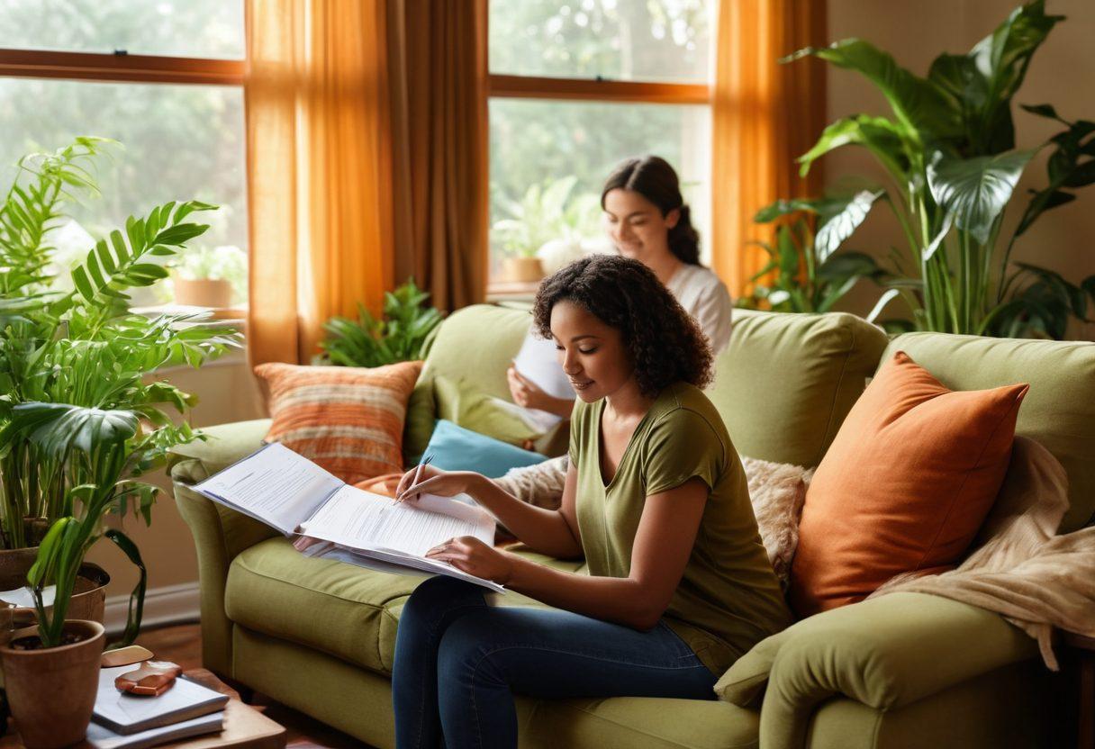 A heartwarming scene depicting a loving caregiver supporting a family member, with paperwork symbolizing the FMLA (Family and Medical Leave Act) in the foreground. The background shows a sunny living room filled with plants, representing health and well-being. Include diverse characters to highlight inclusivity, along with gentle, soft lighting to create an inviting atmosphere. super-realistic. vibrant colors. warm tones.